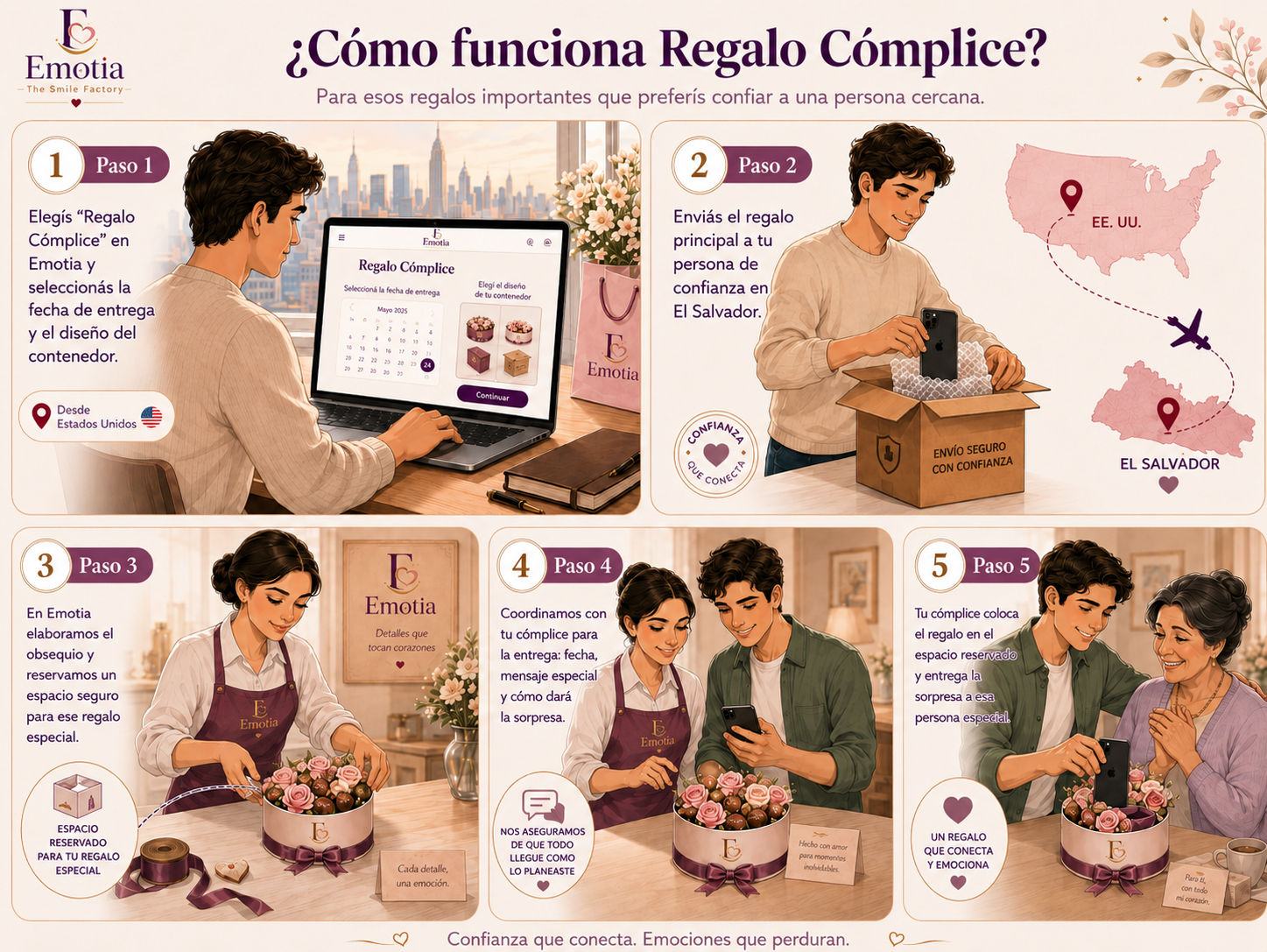 Cinco pasos de Regalo Cómplice: el cliente elige la presentación desde Estados Unidos, envía el regalo principal a una persona de confianza en El Salvador, Emotia prepara el arreglo, coordina con el cómplice y el cómplice integra el regalo antes de entregarlo.